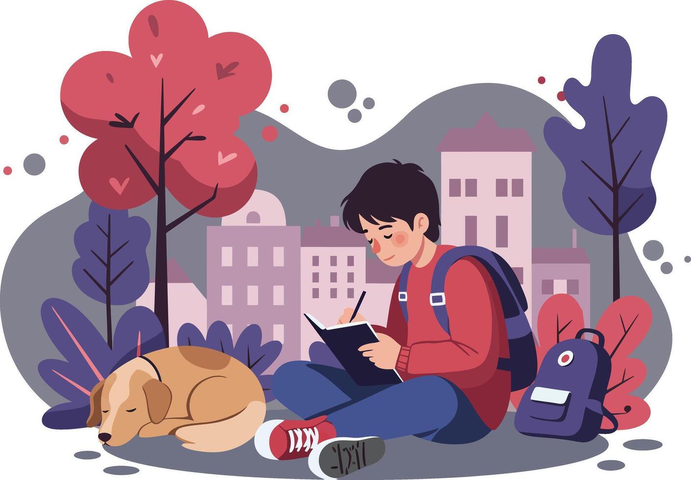 Young boy reading book outdoors with sleeping dog beside autumn trees in urban park scene vector