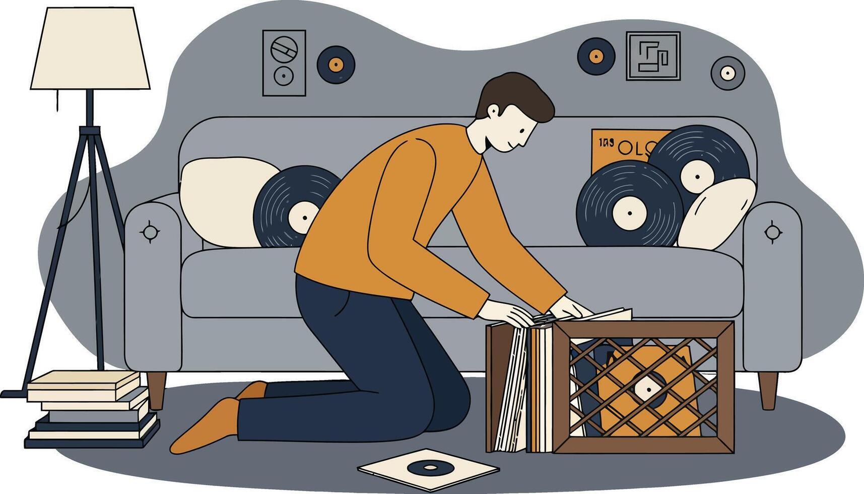 Man organizing vinyl records at home in cozy living room with lamp and sofa illustration vector