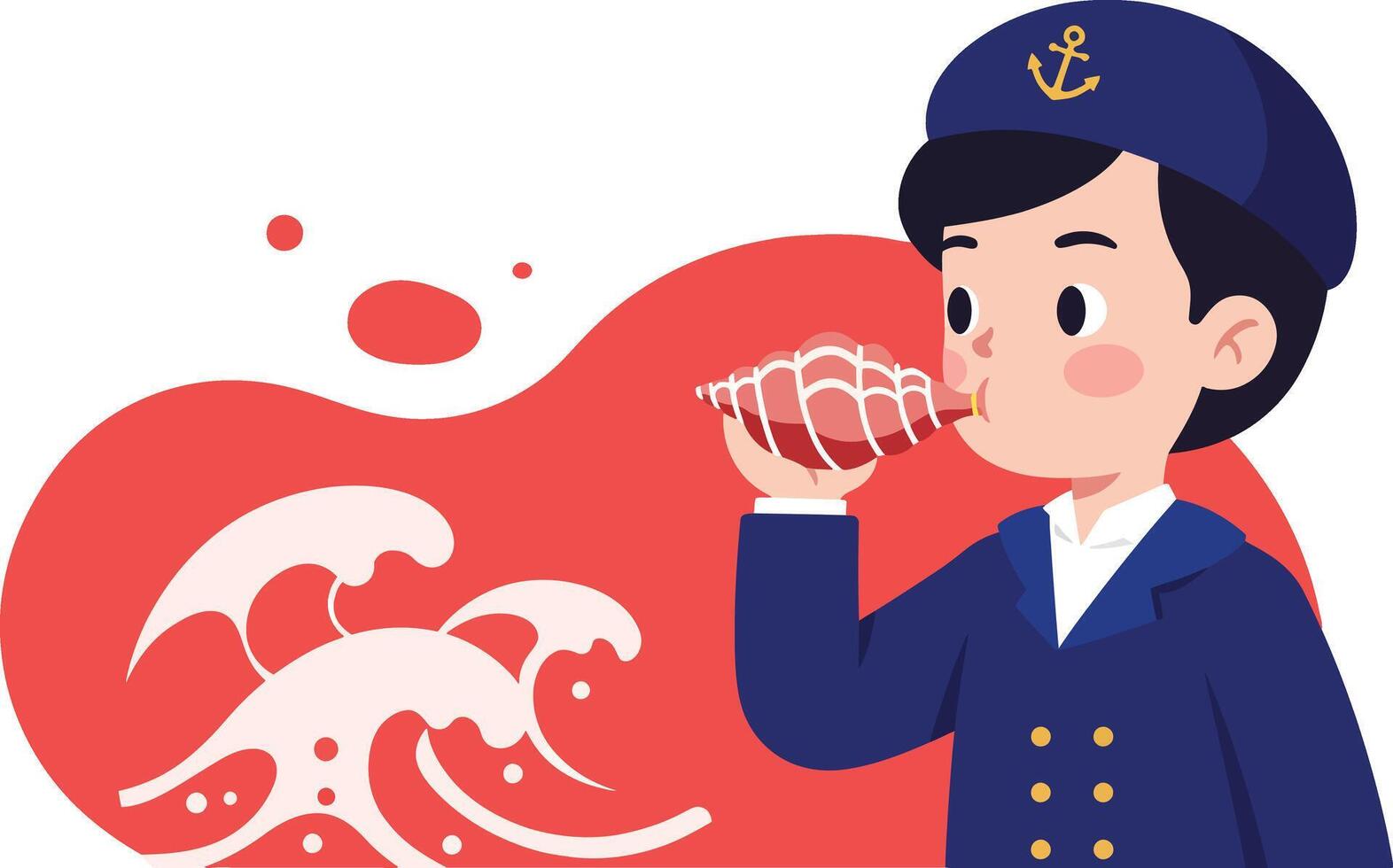 Sailor in navy uniform drinking from conch shell with red ocean wave background illustration vector