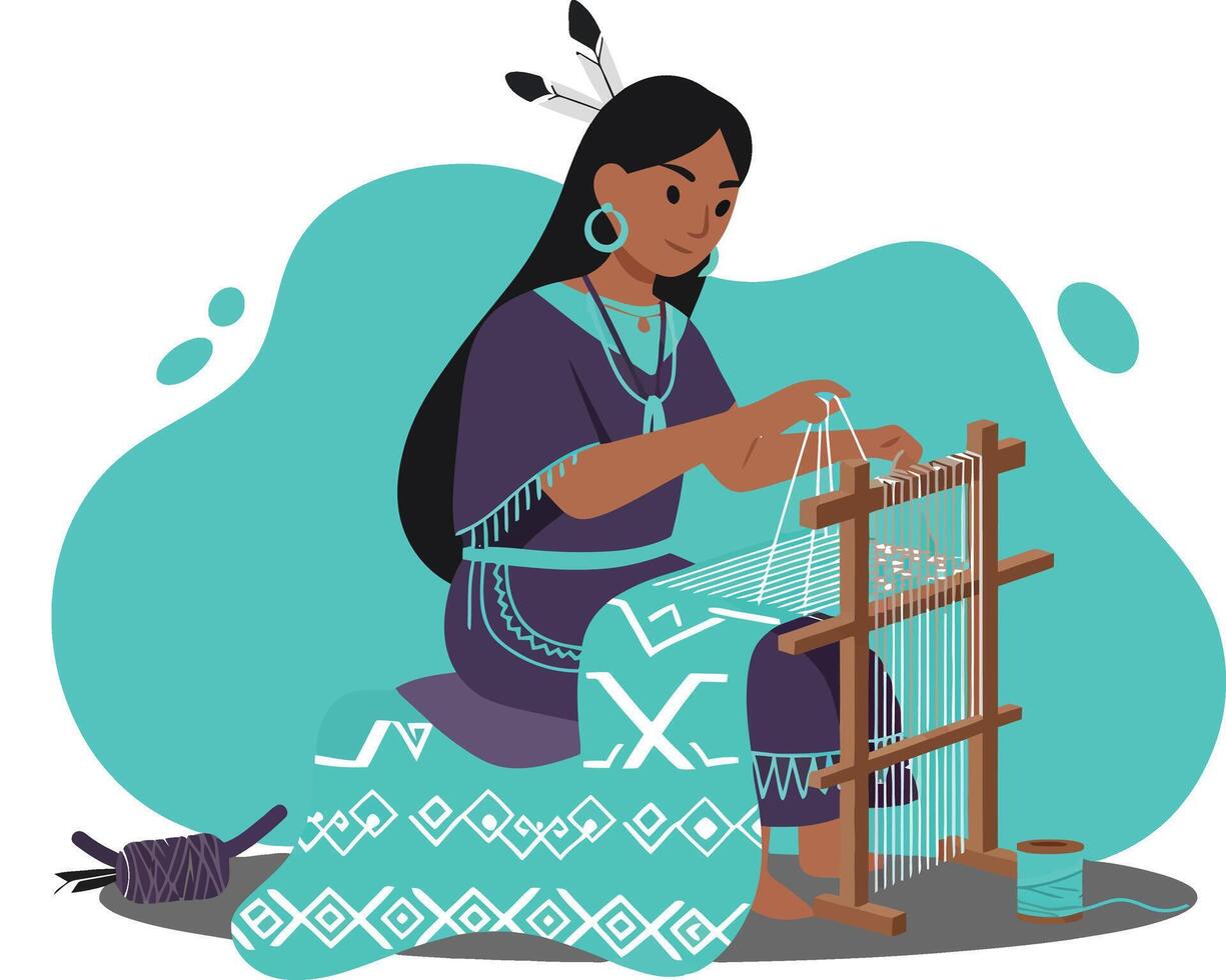 Native American woman weaving traditional textile using loom in cultural craft illustration artwork vector