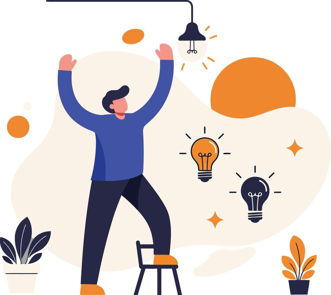 Man changing light bulb with standing stool and illuminated bulbs illustration in modern style vector