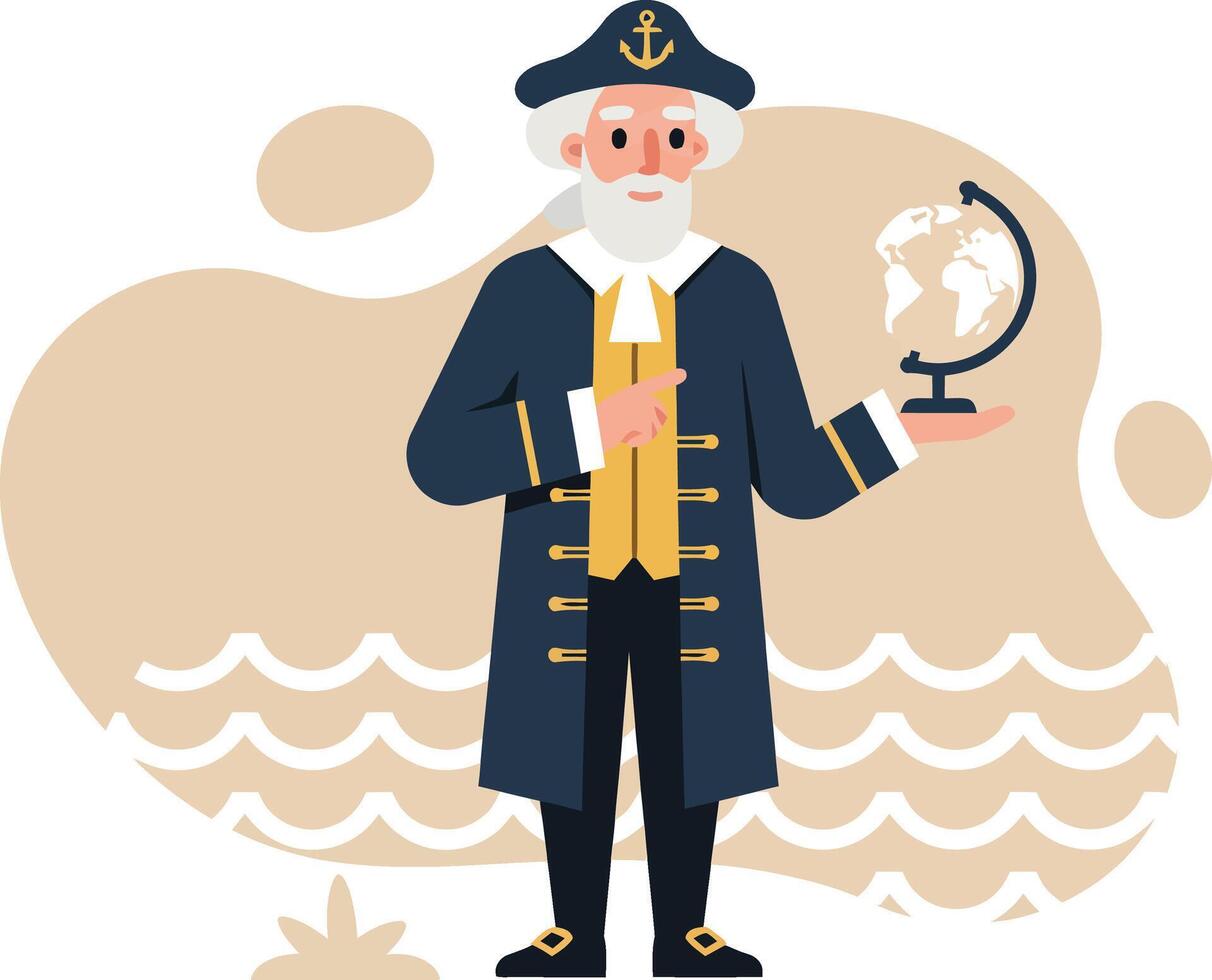 Captain holding a compass in front of ocean waves nautical illustration with beige background vector