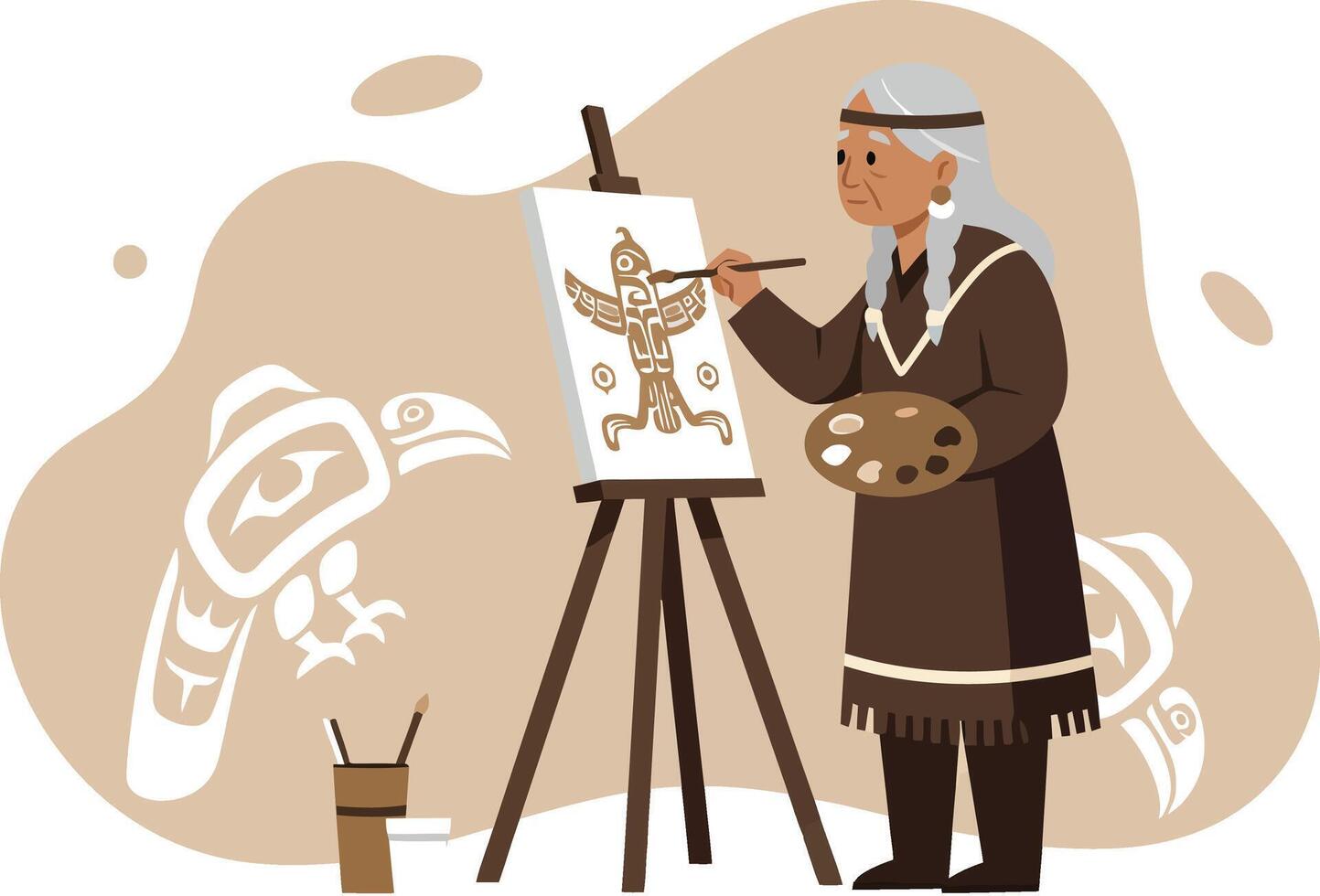 Artist painting traditional indigenous petroglyphs on canvas with easel and palette in illustration vector