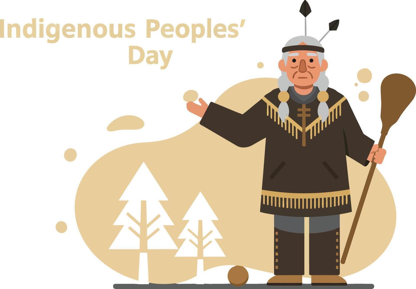 Indigenous elder holding wooden club celebrating Indigenous Peoples Day with trees background illustration vector