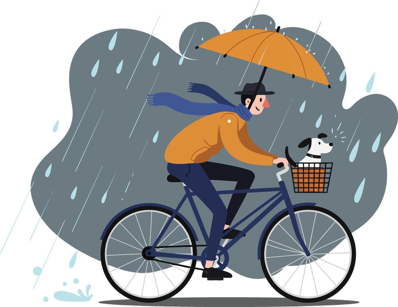 Man Cycling in Rain Holding Orange Umbrella with Dog in Basket Illustration vector