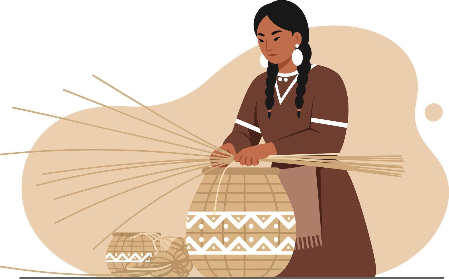 Native American Woman Weaving Traditional Basket Craft with Natural Fibers Illustration in Brown Tones vector