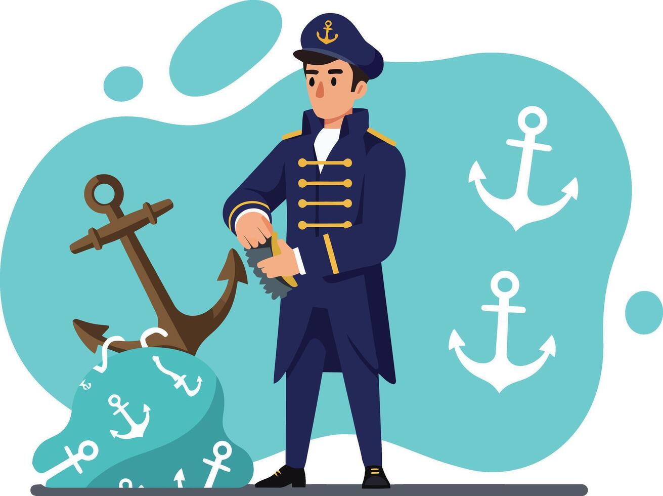 Navy officer standing with anchor symbols in blue uniform illustration for maritime and naval themes vector
