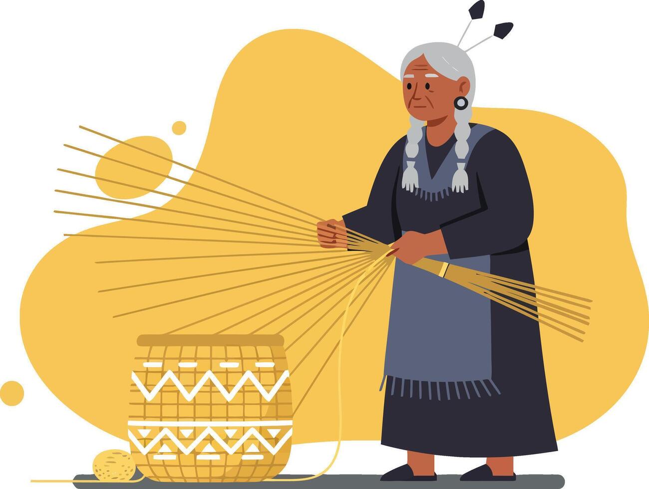 Elderly woman weaving traditional basket with natural materials in cultural artisan craft scene illustration vector