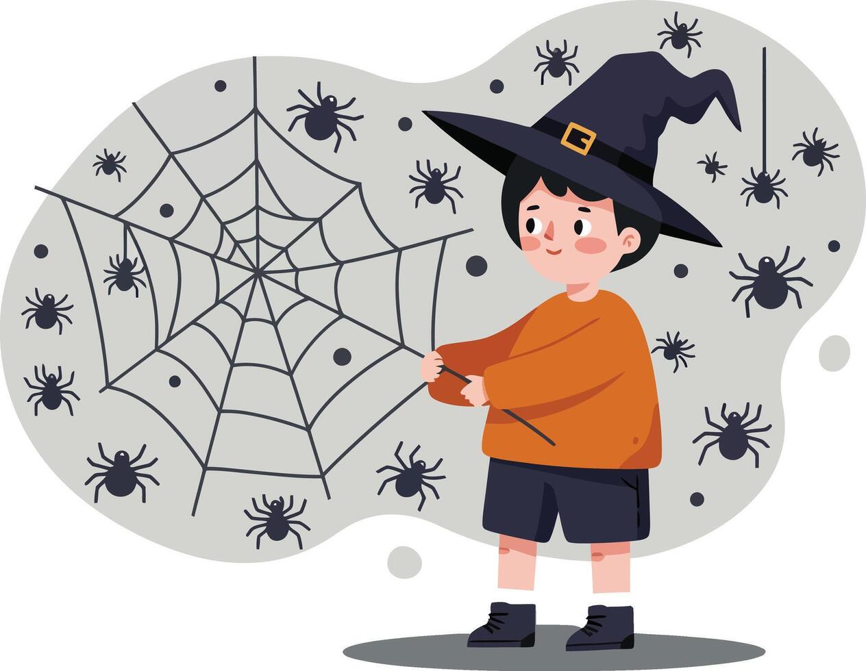 Child in witch costume holding spider web surrounded by spiders Halloween theme illustration vector