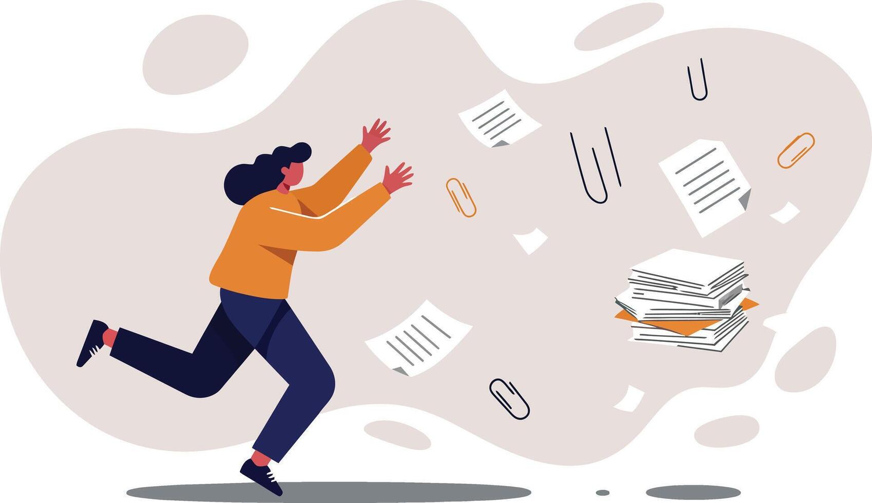 Woman chasing scattered documents and papers in office work stress illustration vector