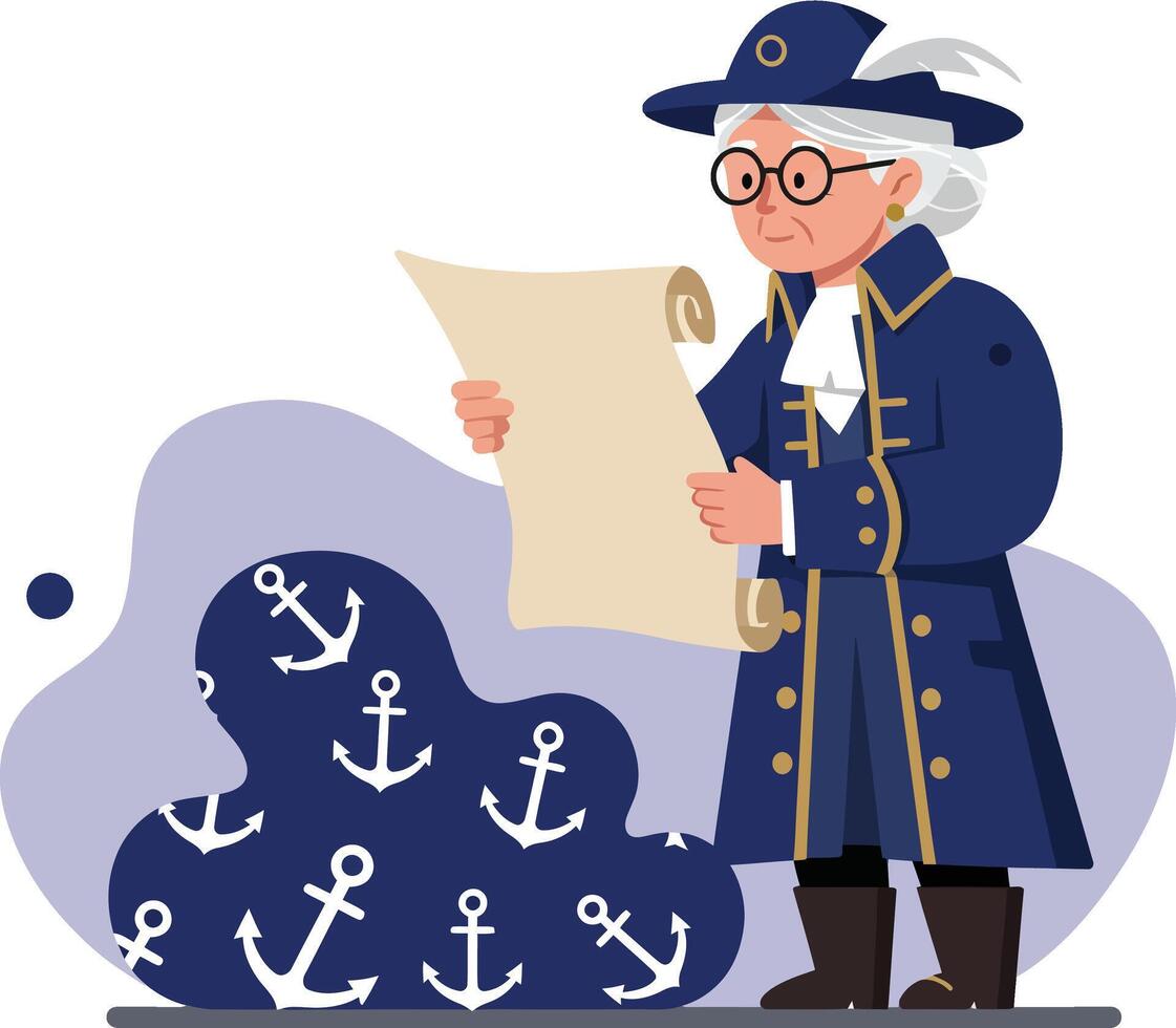 Historical sea captain reading nautical map with anchor symbols illustration vector