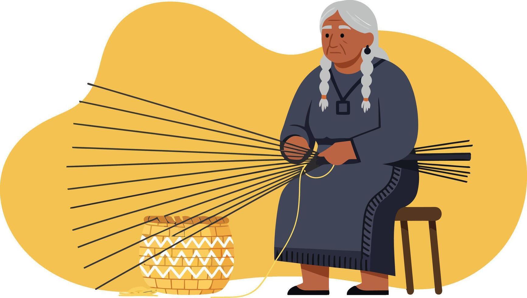 Elderly woman weaving basket with natural materials traditional craft illustration vector