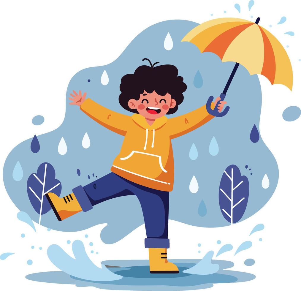 Child playing in rain with yellow umbrella and raincoat enjoying rainy weather outdoors vector