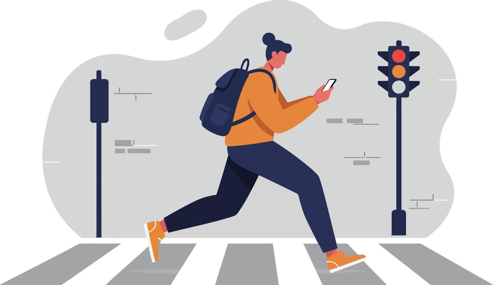 Person walking across pedestrian crossing using smartphone with traffic light in urban setting illustration vector