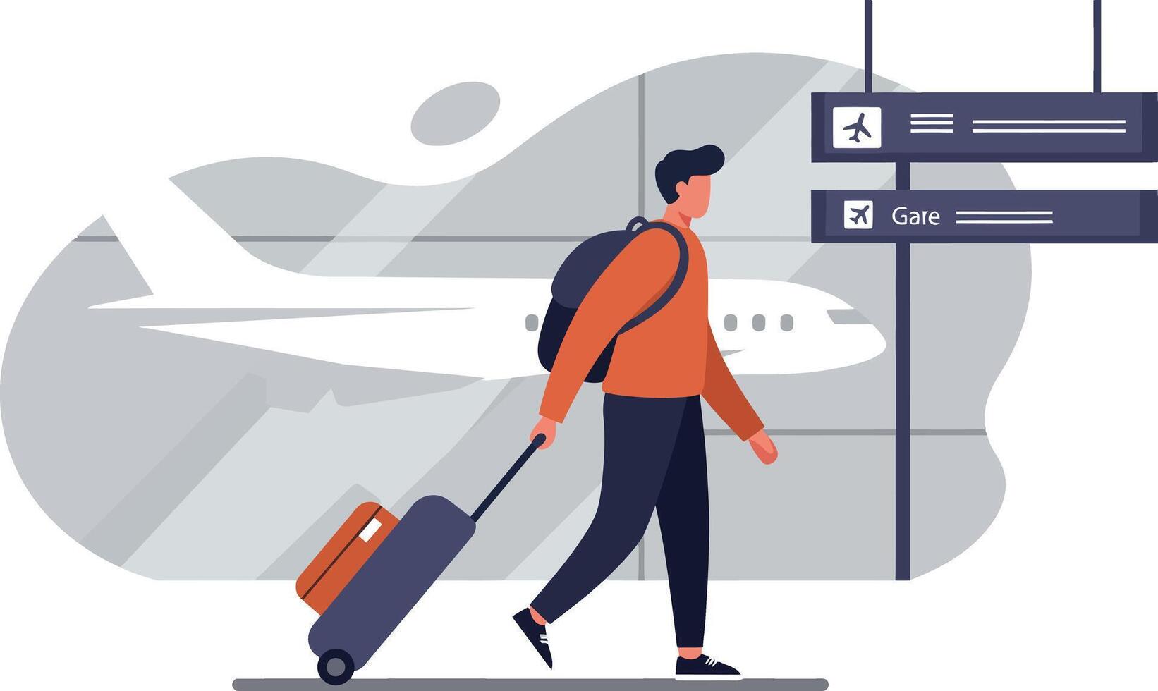 Male traveler walking with rolling suitcase at airport terminal signs illustration vector