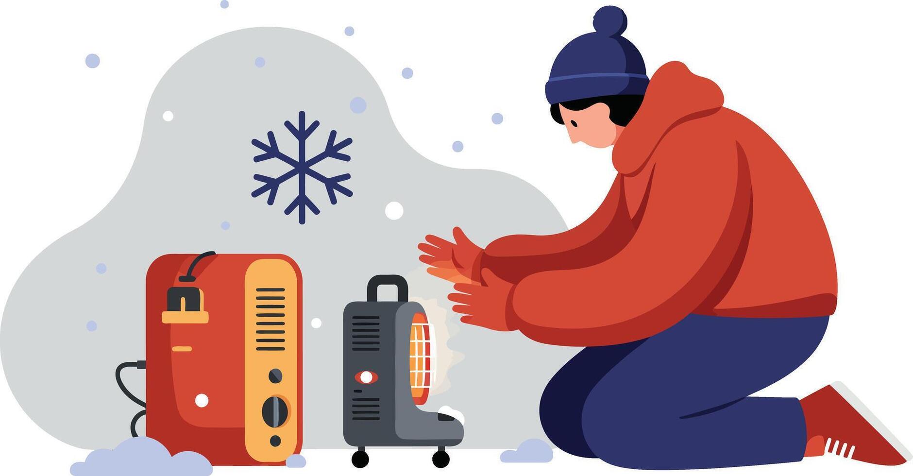 Person warming hands by heaters in cold winter season with snowflakes and warm clothes illustration vector