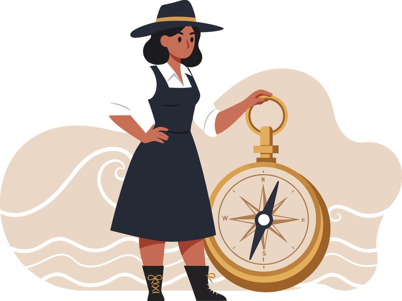 Woman in black dress and hat standing with large compass navigation symbol illustration vector