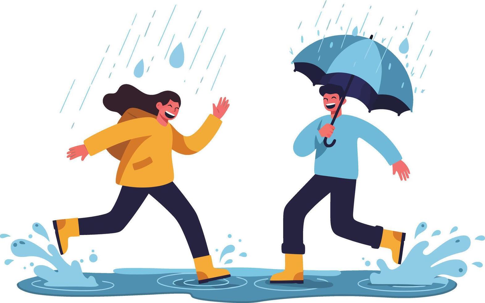 Children playing in rain with umbrella splashing water in rainy weather outdoor fun activity illustration vector