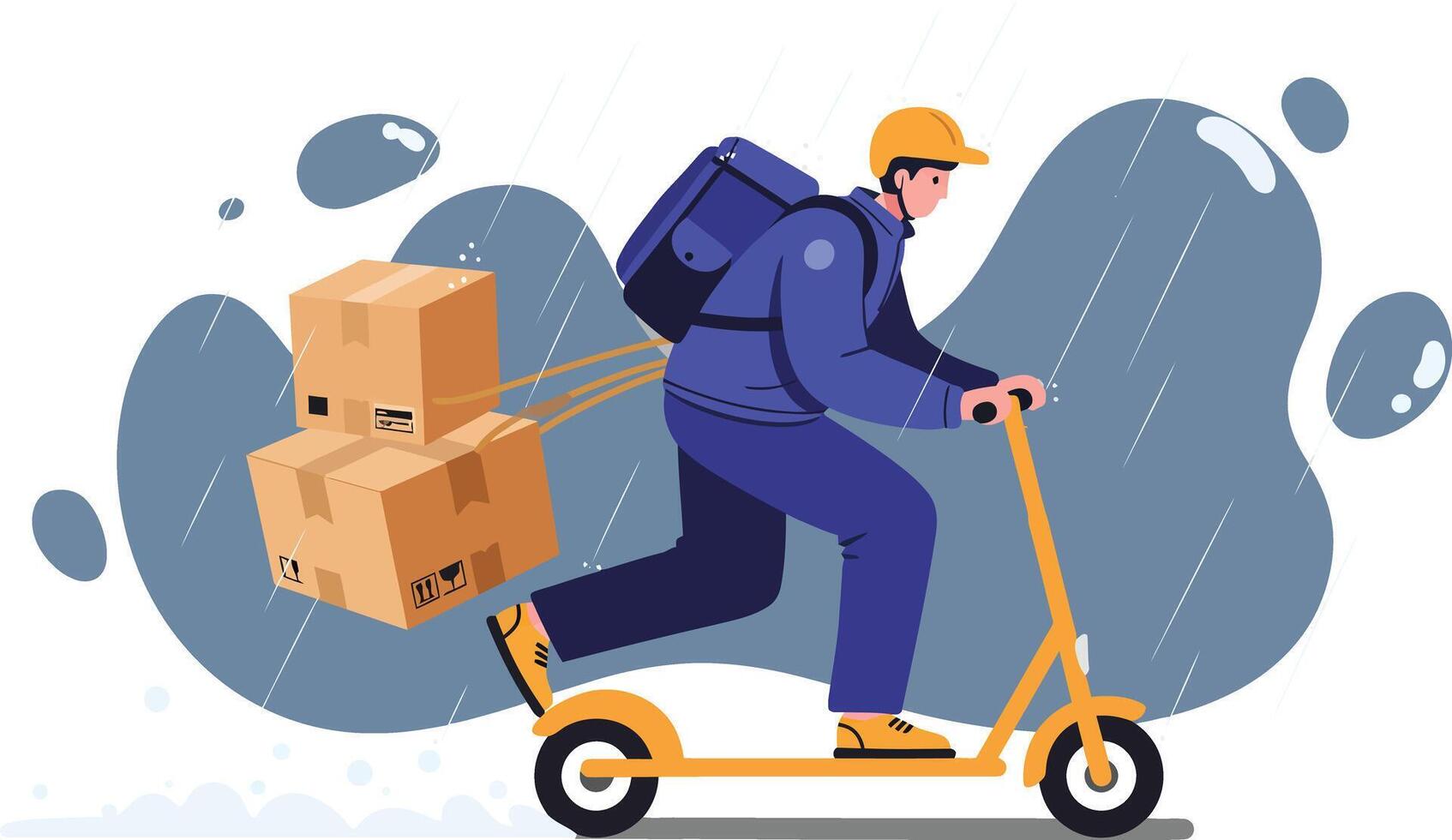 Delivery person riding electric scooter with backpack and cardboard boxes fast urban courier service illustration vector