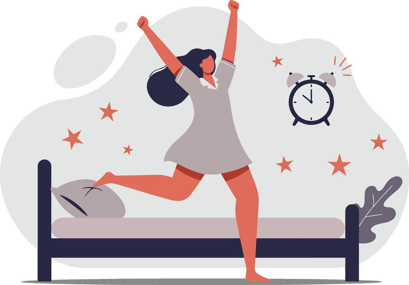 Woman stretching happily after waking up in the morning in bedroom with alarm clock and stars illustration vector