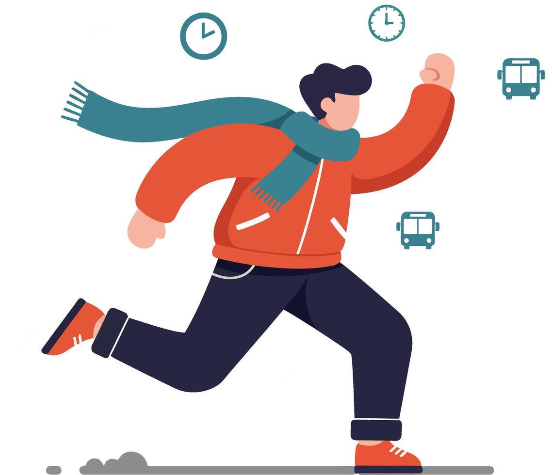 Person running late for bus in cold weather wearing bright orange jacket and teal scarf illustration vector