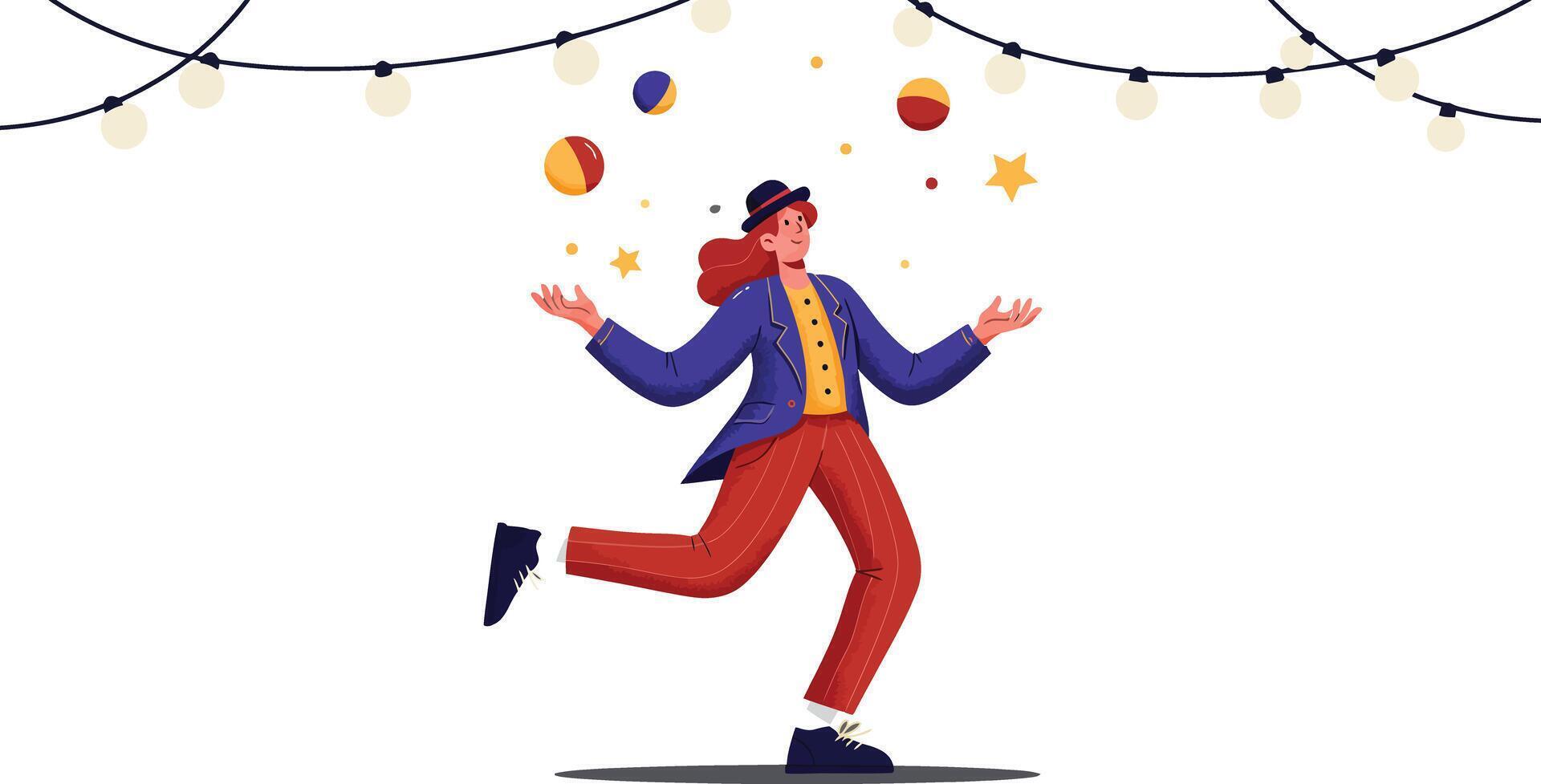 Man dancing joyfully under decorative lights with colorful lanterns in festive celebration scene vector