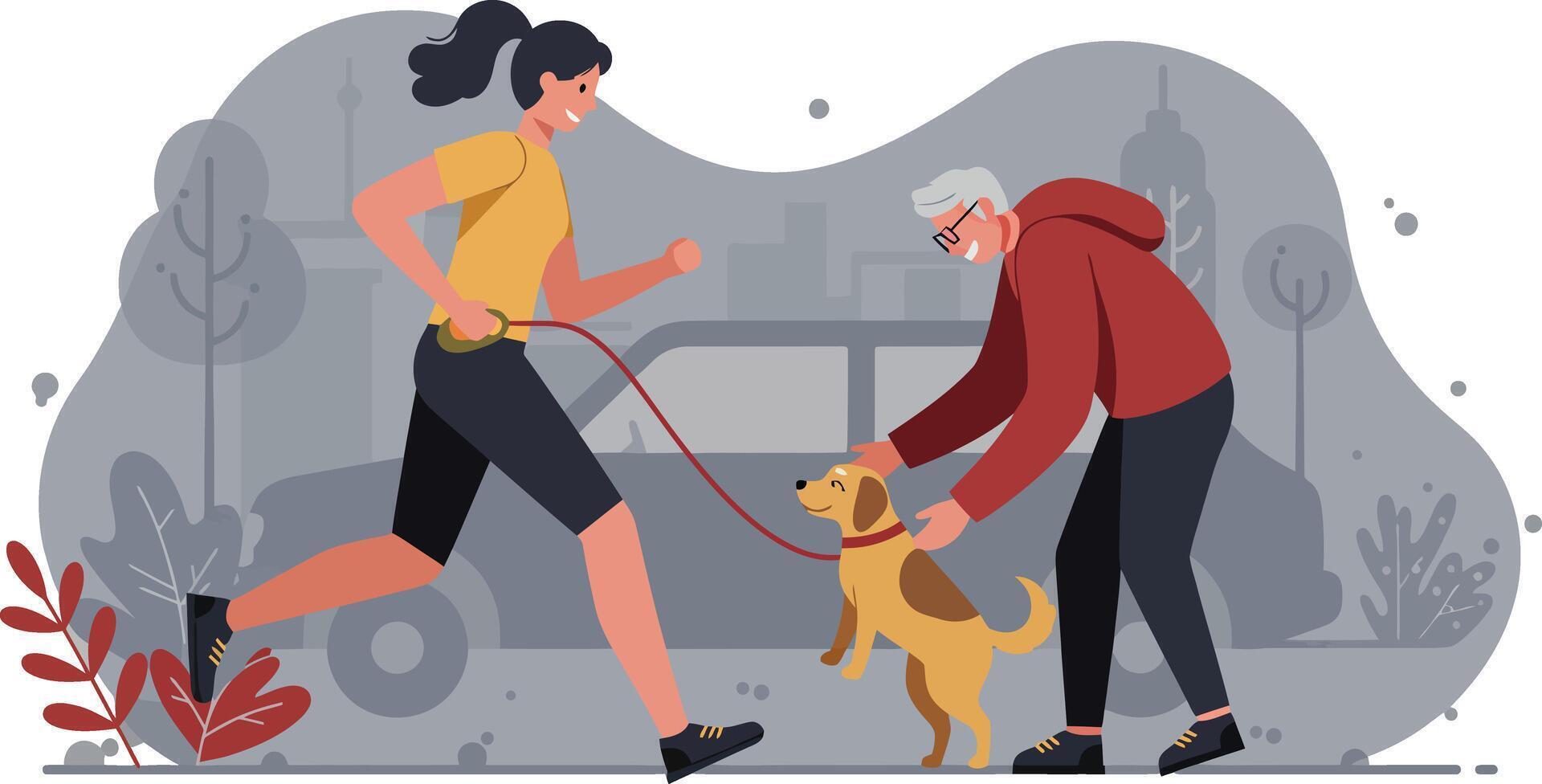 Active woman jogging with dog and elderly man petting dog in park outdoor exercise scene vector