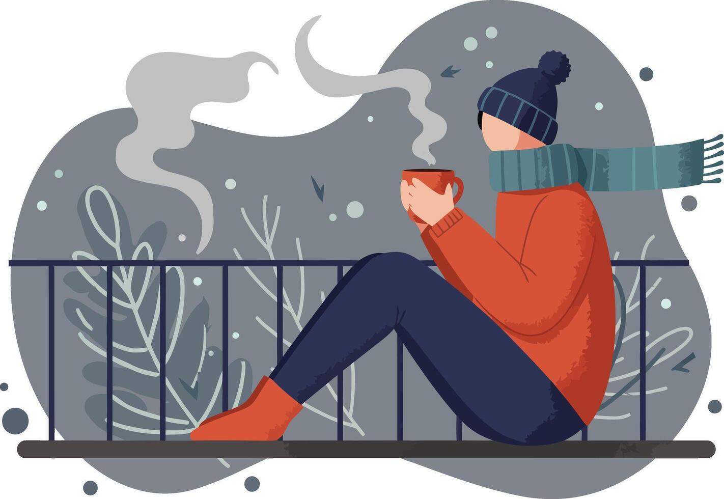 Person in winter clothing holding hot drink sitting outdoors in cold weather illustration vector