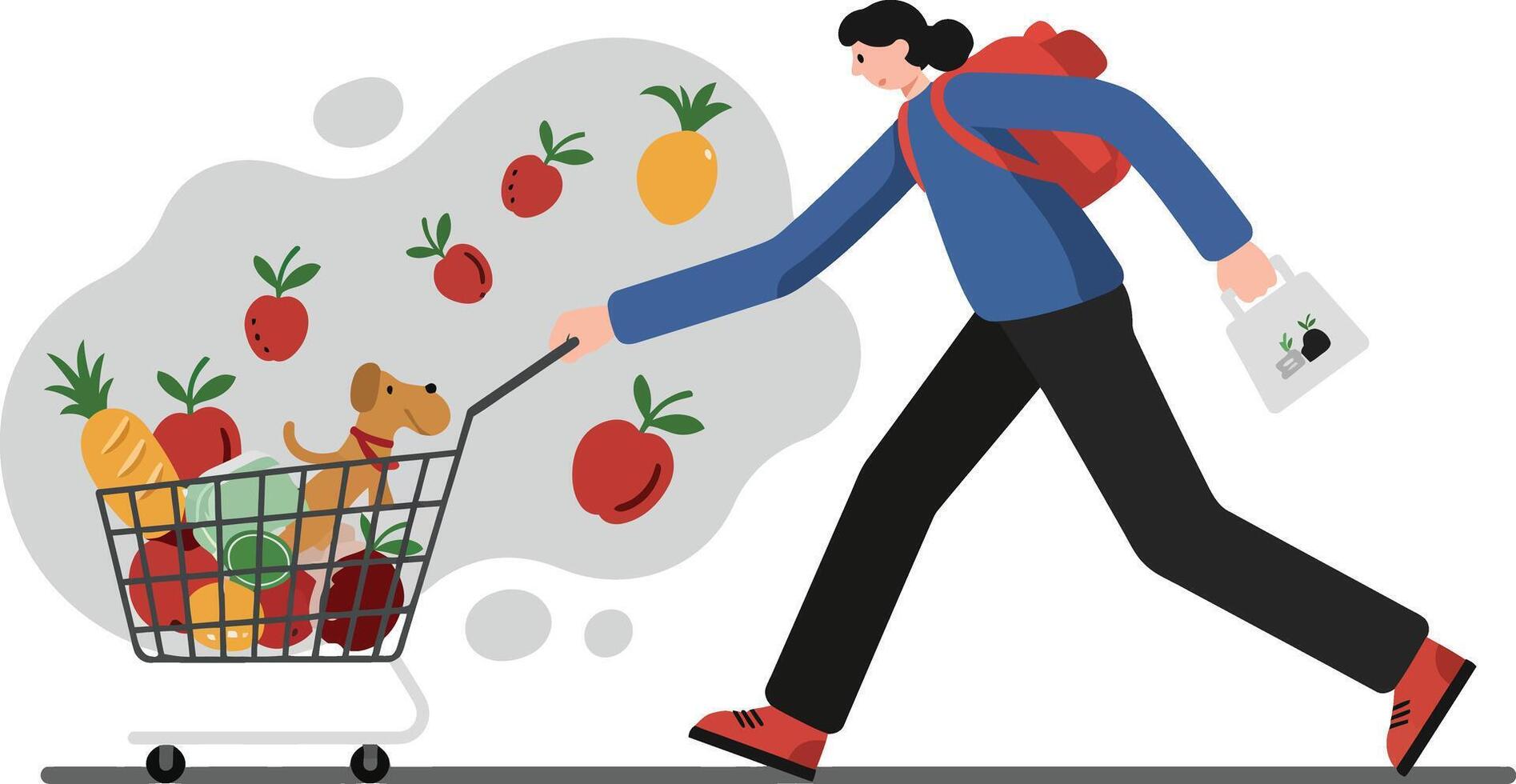 Person pushing shopping cart full of fresh groceries with dog inside in casual outfit walking fast illustration vector