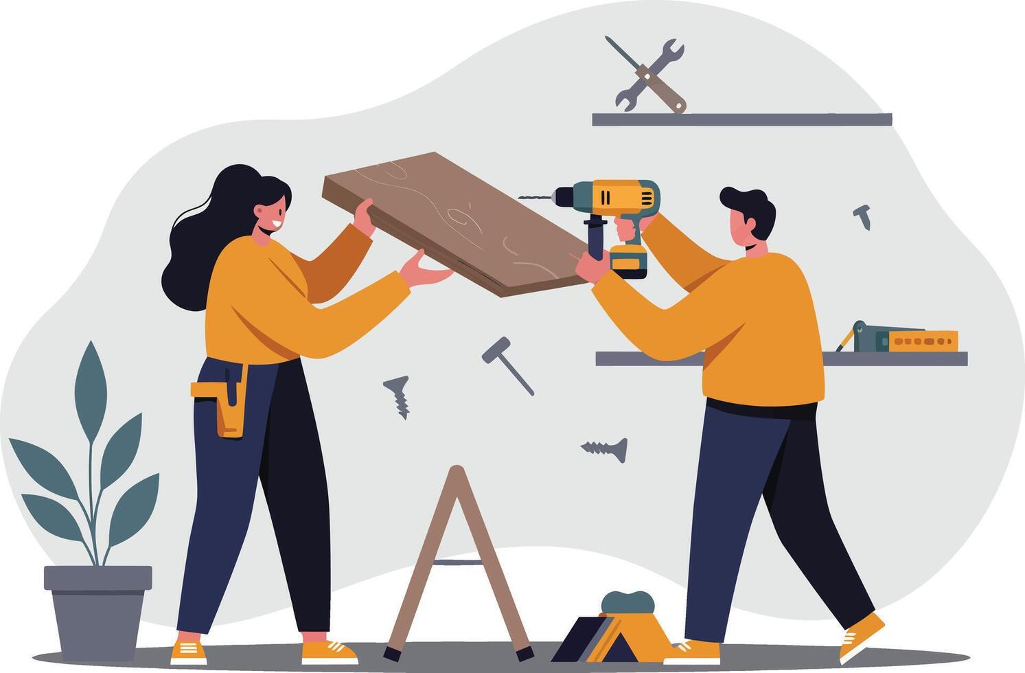 Home renovation teamwork with drill and wooden plank for DIY construction project illustration vector