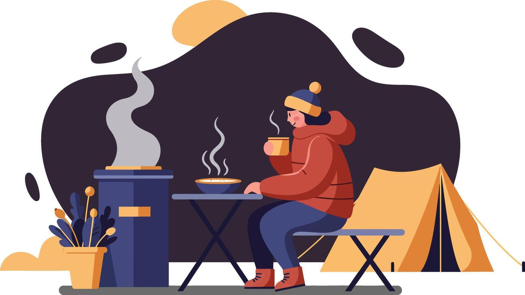 Outdoor camping scene with person drinking hot beverage by tent and stove in cool weather natural setting vector