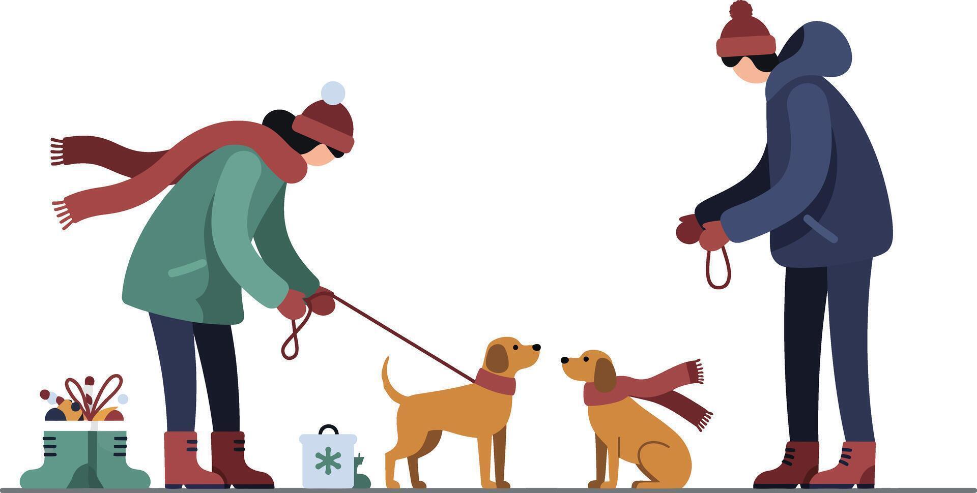 Two people walking dogs in winter clothing with scarves and hats exchanging greetings outdoors illustration vector