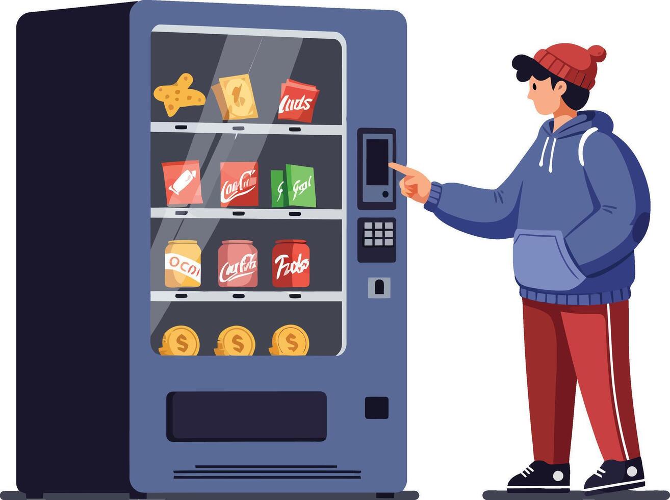 Young person buying snacks from vending machine in casual outfit illustration vector