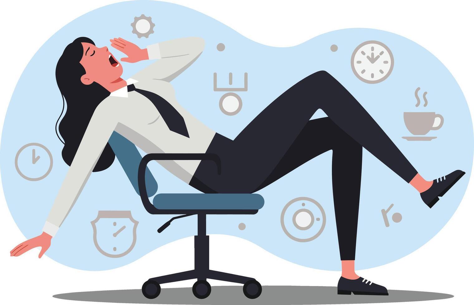 Relaxed businesswoman leaning back on office chair enjoying break at workplace with coffee and clock background illustration vector