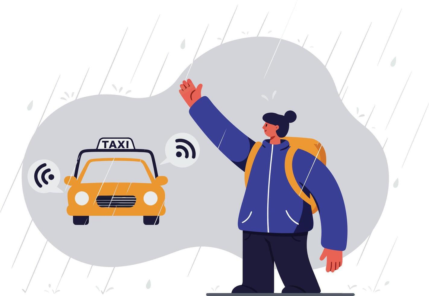 Person hailing a yellow taxi cab with digital signal communication technology illustration vector