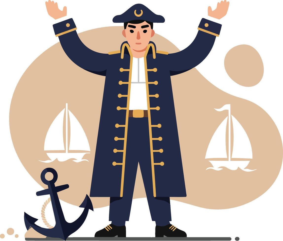 Pirate captain character welcoming with anchor and sailboats nautical illustration vector