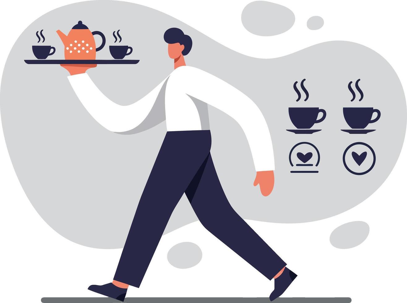 Waiter carrying tray with teapot and coffee cups in minimalist style illustration for hospitality service concept vector