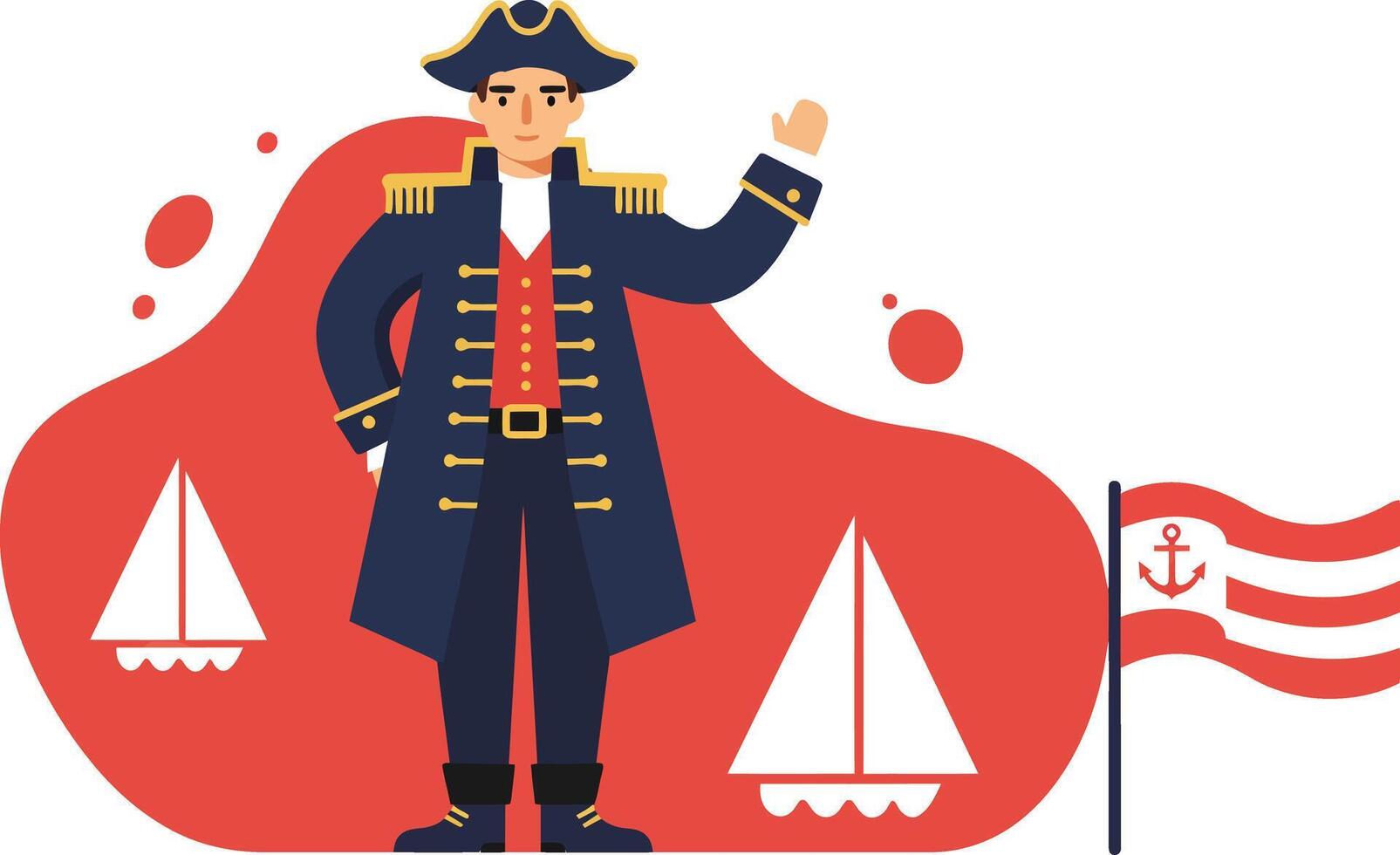 Pirate captain in navy blue coat standing with sailing ships and striped anchor flag illustration vector