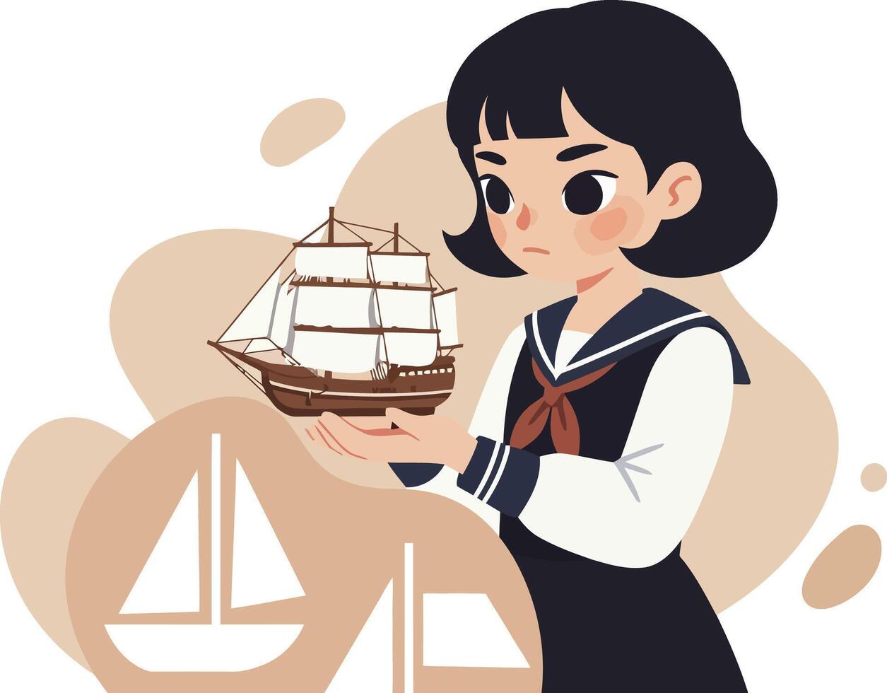 Girl in sailor uniform holding model ship with sailboat shadows in background illustration vector
