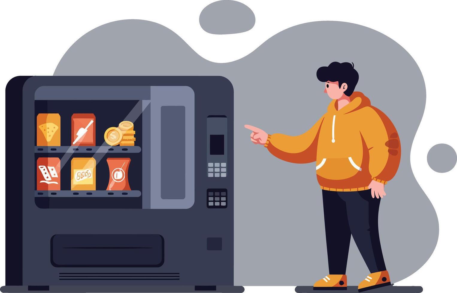 Young Man Choosing Snack from Modern Vending Machine in Orange Hoodie Illustration vector