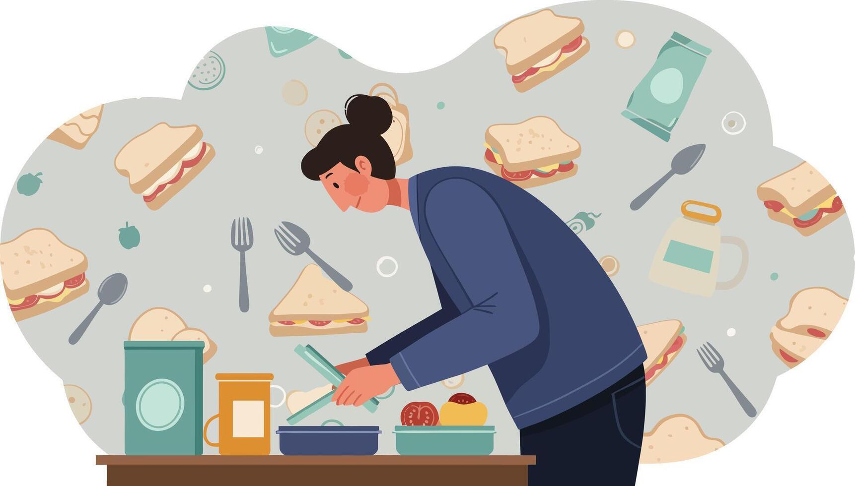 Woman Preparing Sandwich with Various Ingredients in Kitchen Illustration Design vector