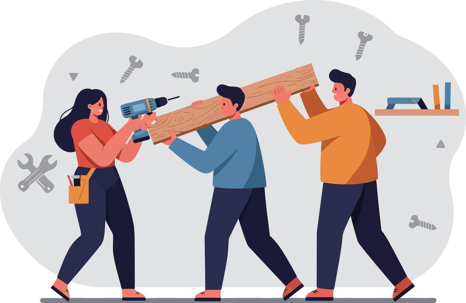 Group of people carrying wooden plank for home renovation teamwork and construction activity illustration vector