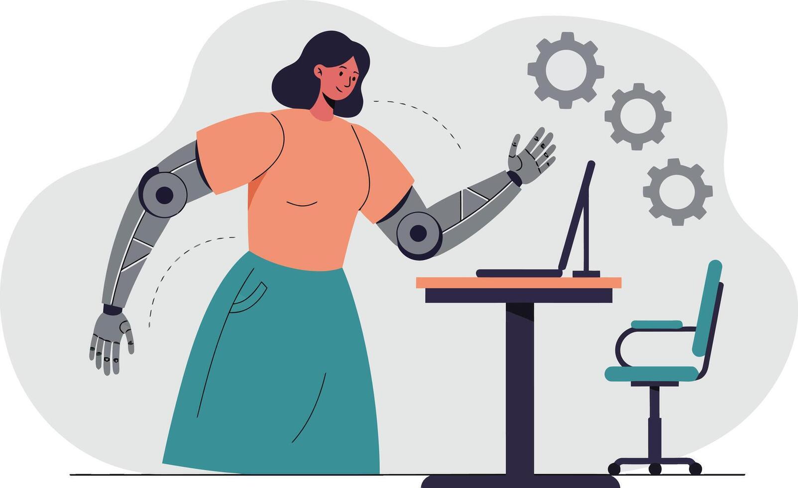 Female cyborg working on laptop with gears symbolizing technology and automation in flat illustration vector