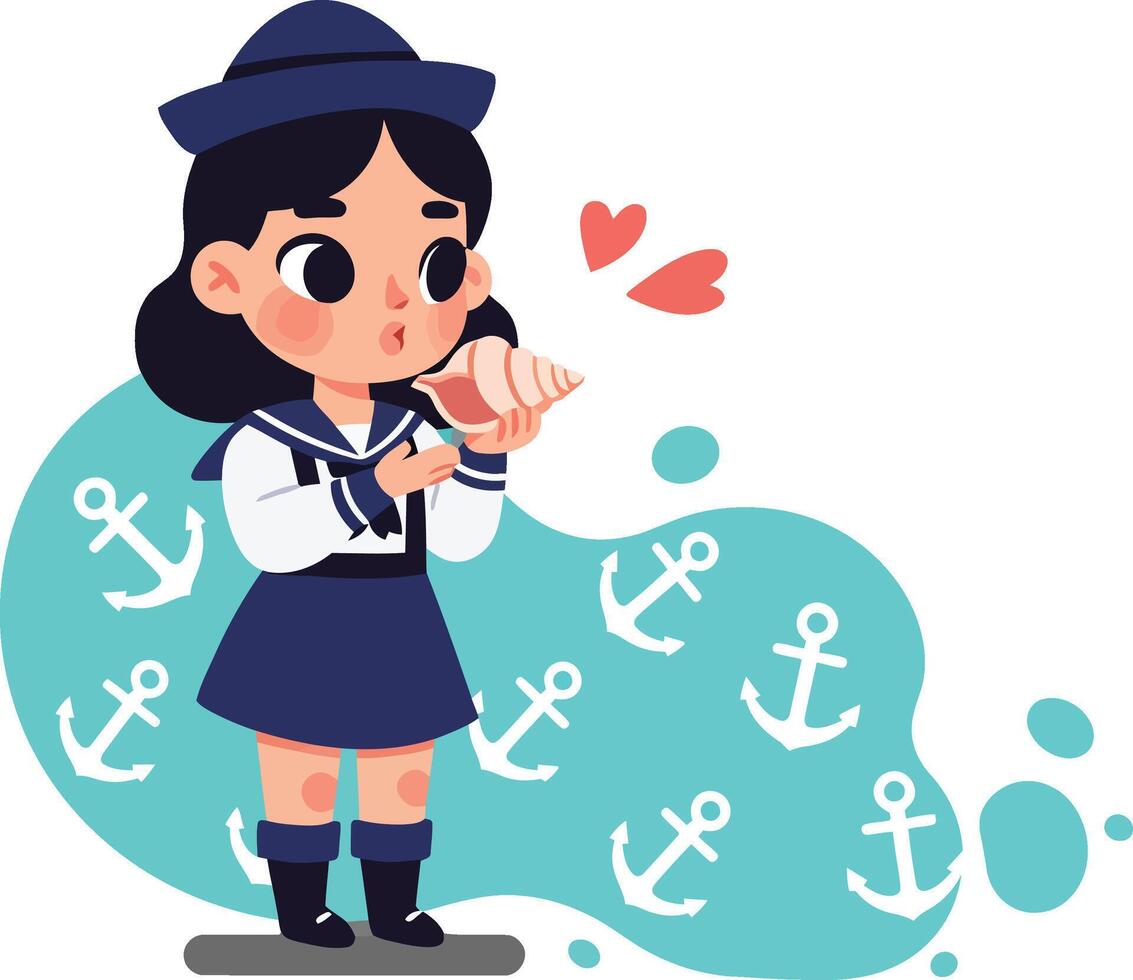 Cute schoolgirl in sailor uniform blowing bubblegum with anchor pattern background illustration vector