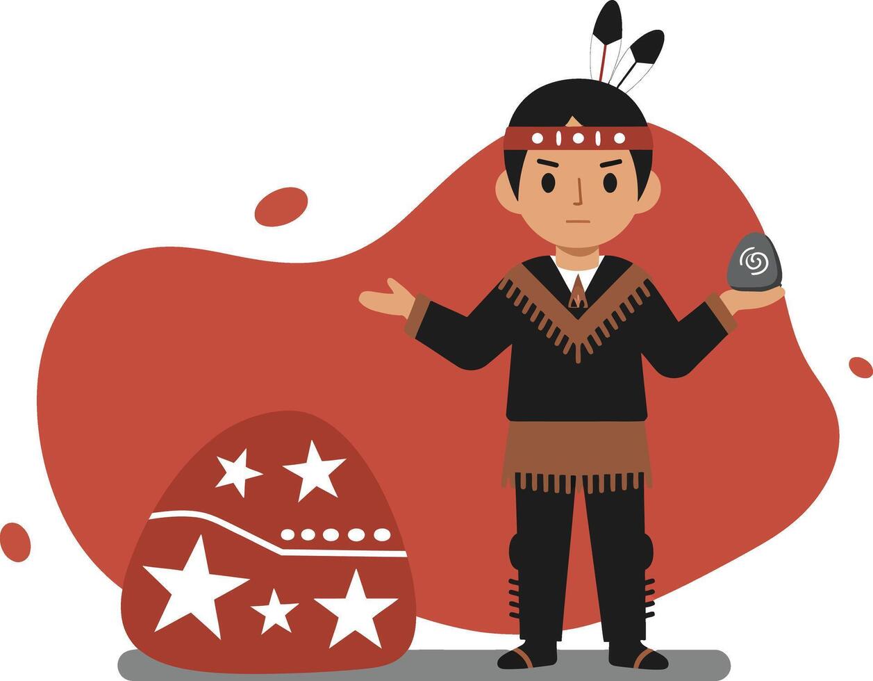 Native American Boy Wearing Traditional Clothes and Headband with Decorative Easter Egg Illustration vector