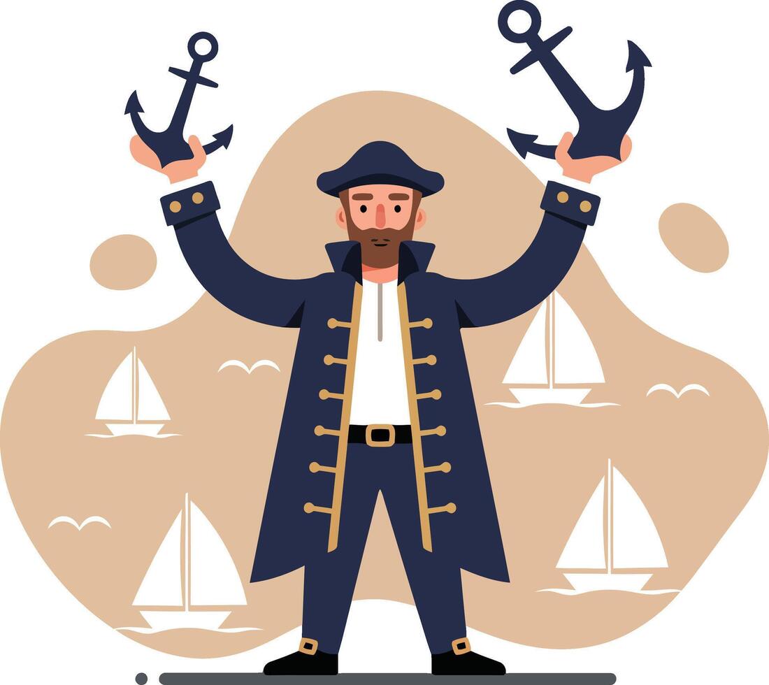 Pirate holding two anchors in navy outfit with sailing boats in background illustration vector