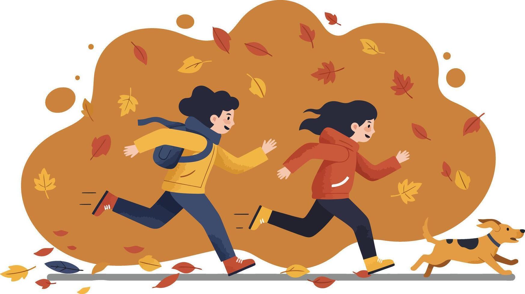 Children running with dog in autumn leaves outdoor playful activity illustration vector