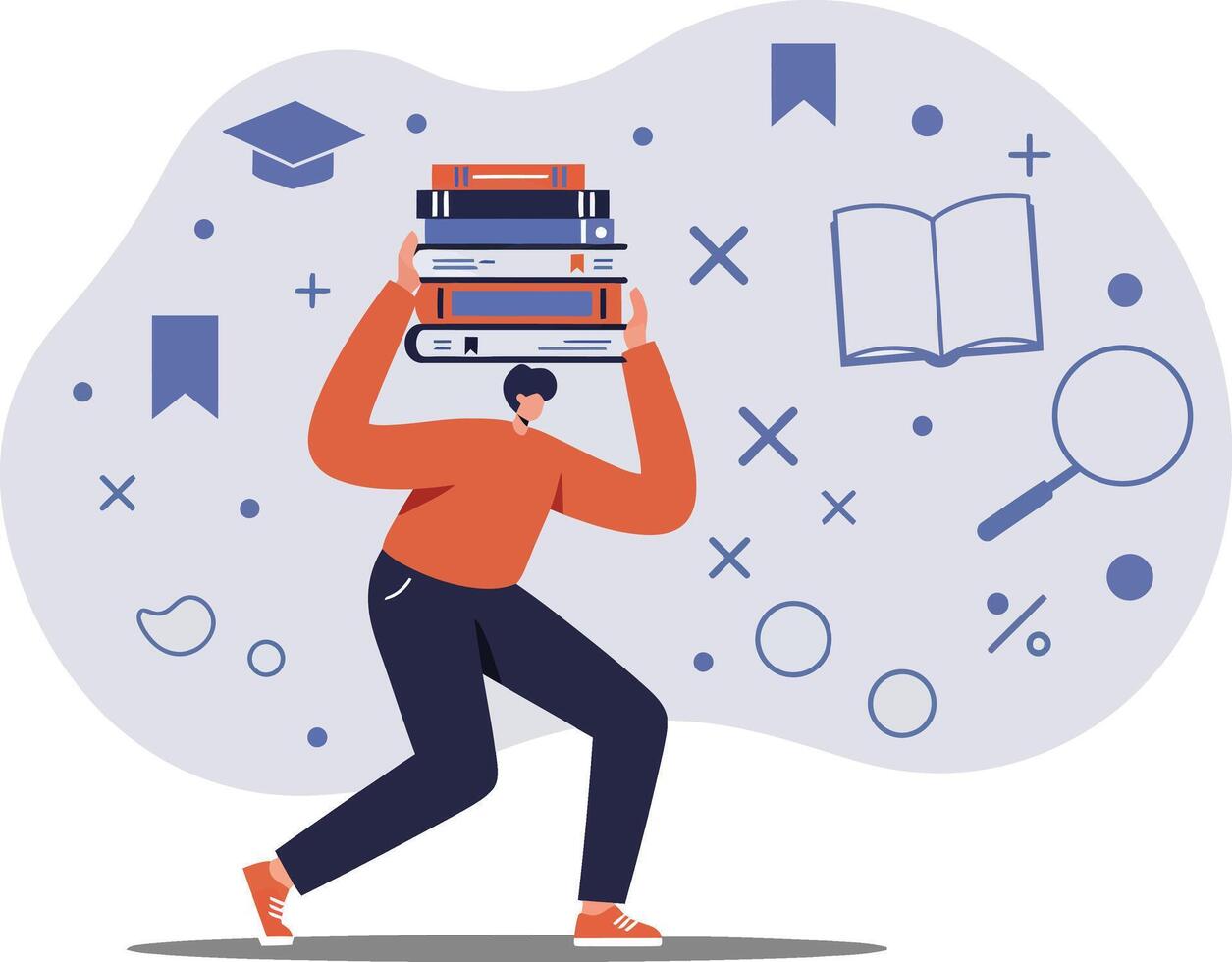 Student carrying heavy stack of books with educational icons and symbols around, learning and study concept illustration vector