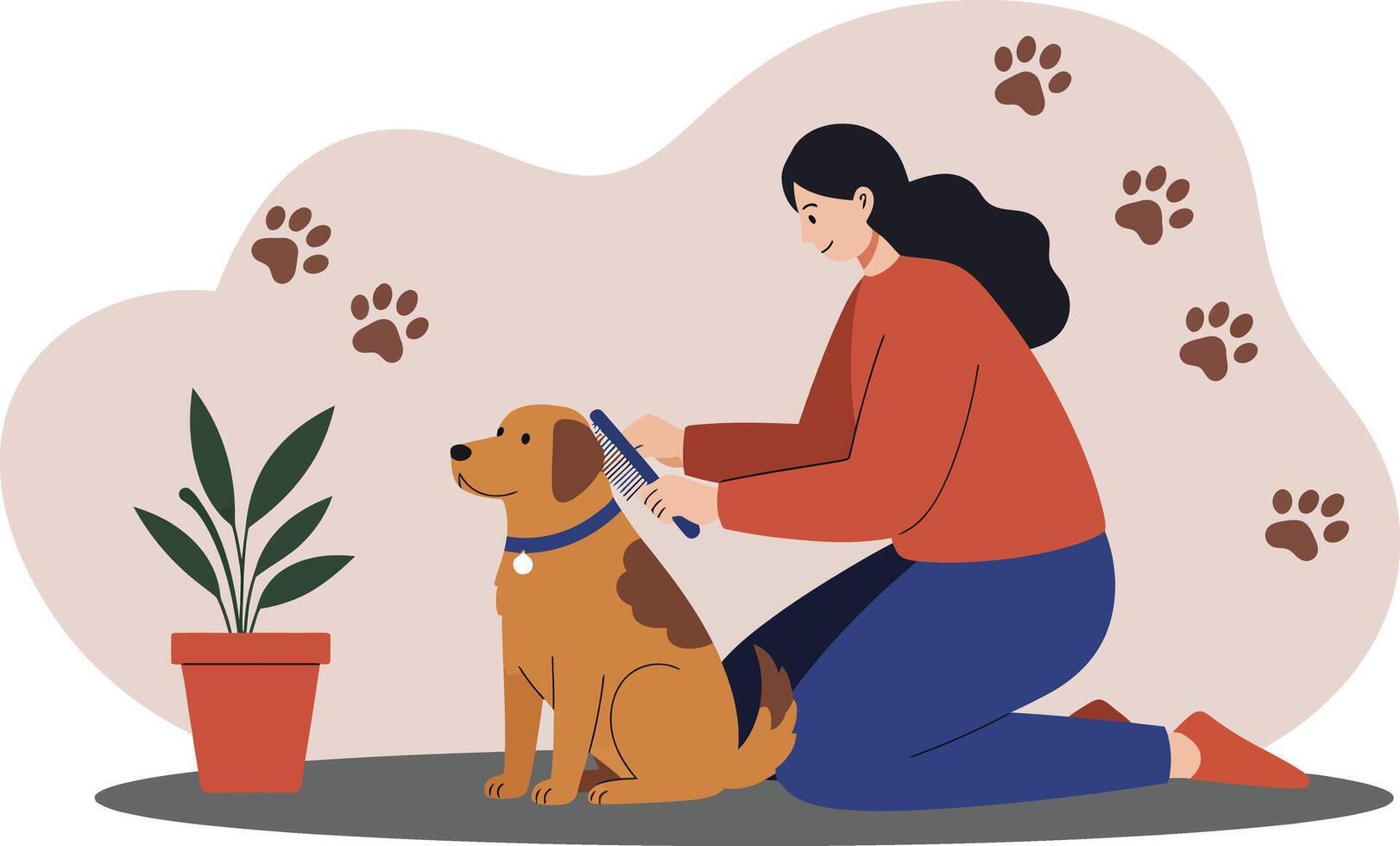 Woman Grooming Dog with Comb Sitting on Floor Near Plant and Paw Prints Illustration vector