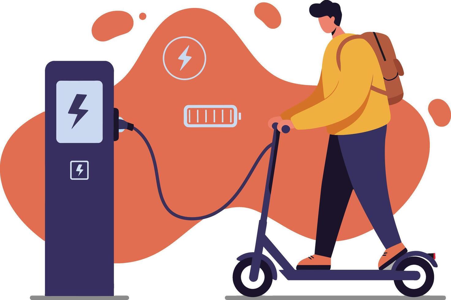 Electric scooter charging at station with battery indicator and person riding urban transport illustration vector